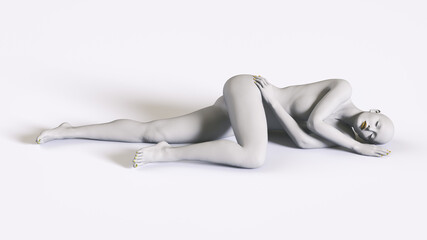Full body of a white female figure lying down in a bright space (3D illustration) © pictosmith