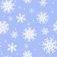 Fototapeta na wymiar Winter seamless pattern. Beautiful snowflakes of different symmetrical geometric shapes. New Year, Christmas holiday ornament. Vector. Texture for print, wrapping paper, design, fabric, decor, gift.