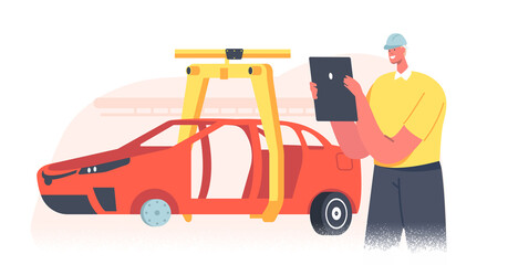 Worker Male Character Manage Process of Automated Car Production. Vehicle Parts on Machinery Line with Robotic Hand