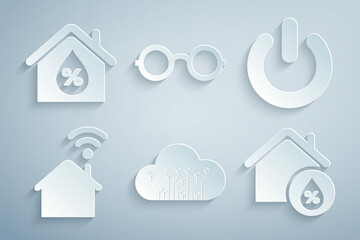 Set Internet of things, Power button, Smart home with wi-fi, House humidity, Glasses and icon. Vector