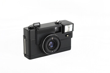 The old 35mm. automatic scaling film camera on white background.
