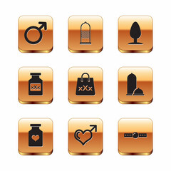 Set Male gender symbol, Bottle with pills for potency, and heart, Shopping bag triple X, Anal plug, Silicone ball gag and Condom safe sex icon. Vector