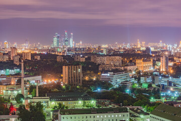 Aerial city view at night time. Moscow.