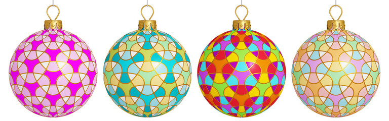 Christmas balls in a row isolated on white. Multicolor balls collection. Luxury template for Christmas banner, cards or poster. Gold pattern. Colorful holiday decor. 3D render. Isolated.