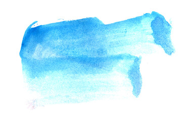 Blue brush strokes with water smudges on a white background. Watercolor stain on white isolate. Art effect for decoration, graphic design with place for text.