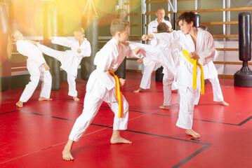 Fototapeta premium Group of preteen children practicing taekwondo kicks in pairs at sport gym