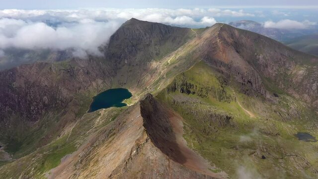 Aerial view of Mount Snowdon along the Crib Goch hiking route, Snowdonia, Gwynedd, North Wales, United Kingdom