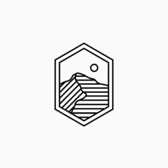 hexagon landscape logo with abstract line art , 
monoline mountain,
