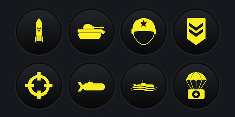 Set Target sport, Chevron, Submarine, Military helmet, tank, Parachute with first aid kit and Nuclear rocket icon. Vector