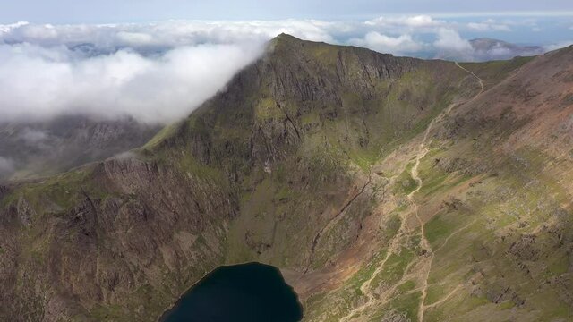 Aerial view of Mount Snowdon along the Pyg track hiking route, Snowdonia, Gwynedd, North Wales, United Kingdom