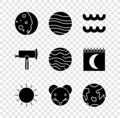 Set Eclipse of the sun, Planet Jupiter, Aquarius zodiac, Sun, Rat, Earth, Telescope and Venus icon. Vector