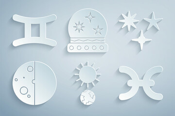Set Solstice, Falling star, Eclipse of the sun, Pisces zodiac, Magic ball and Gemini icon. Vector