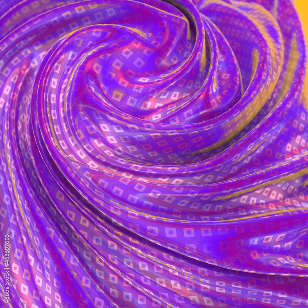 Poster wavy iridescent glitter cloth with pattern of shiny rhombuses. vivid abstract background. 3d render 