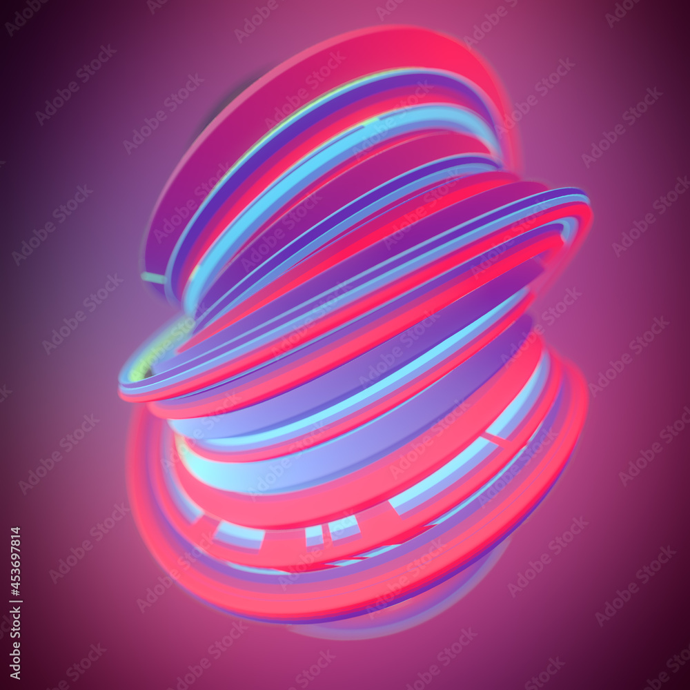 Poster 3d rendering digital illustration of abstract shape with stripes that light in different colors. mod