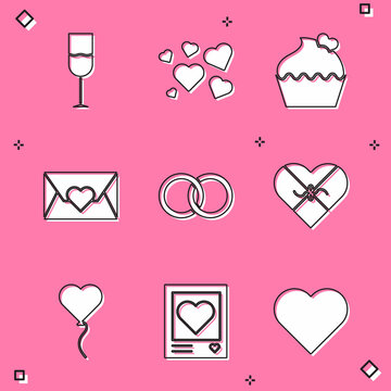 Set Wine glass, Heart, Wedding cake with heart, Envelope Valentine, rings, Candy shaped box, Balloon form of and Photo frames hearts icon. Vector
