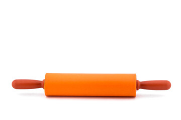 Orange plastic kitchen rolling pin isolated on white background, with space for text