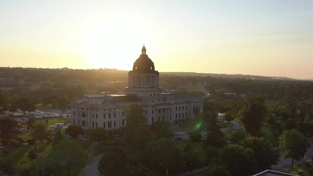 Aerial drone video of South Dakota state Capitol building in Pierre, SD