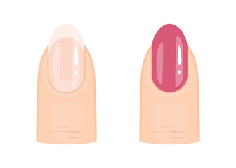 Close up of woman’s finger with pink polish and finger with French Professional Manicure. Beauty treatment. Vector illustration