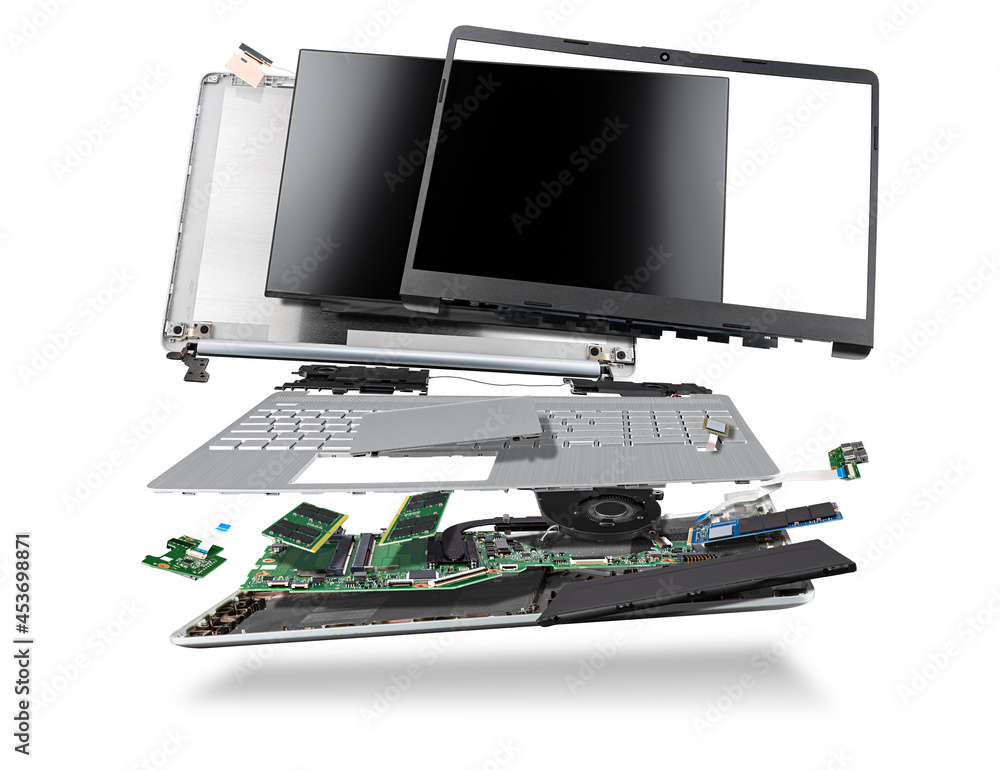 Aufkleber flying parts of a notebook computer. hardware components mainboard cpu processor display ram cables 