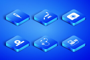 Set Blood pressure, Medical digital thermometer, Stethoscope, Otolaryngological head reflector, dental chair and Nurse hat with cross icon. Vector