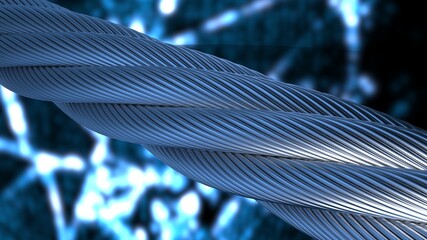 Silver metallic wire rope on blue thunder background. 3D illustration. 3D high quality rendering.  © DRN Studio