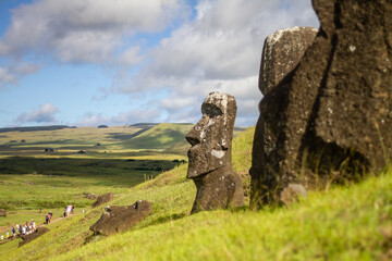 Moai stone sculptures at Rano Raraku, Easter island, Chile.