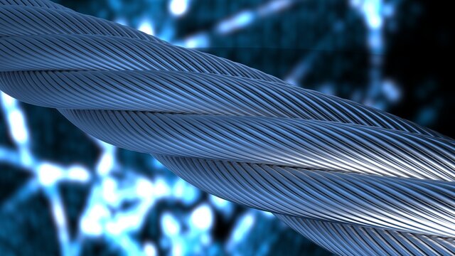 Silver metallic wire rope on blue thunder background. 3D illustration. 3D high quality rendering. 