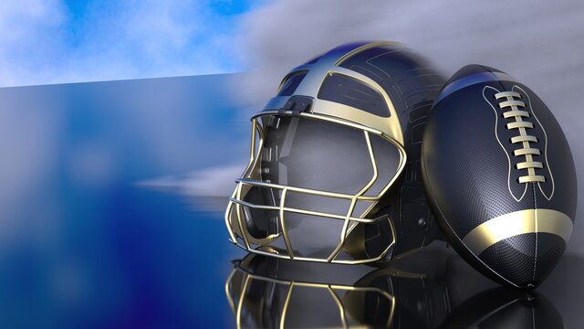 American football Gold-Black helmet and Gold-Black Ball with dark black toned foggy smoke under blue sky lighting. 3D illustration. 3D high quality rendering.