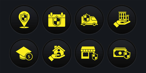Set Graduation cap and coin, House insurance, Shopping building with shield, Car, Calendar, Money and Location icon. Vector