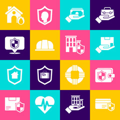 Set Credit card with shield, Wallet, Delivery insurance, Stacks paper money cash, Worker safety helmet, Location, Fire burning house and House icon. Vector