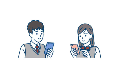 スマートフォンを使う学生　操作　携帯電話　中高生　高校生　中学生　男女　イラスト素材