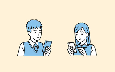 スマートフォンを使う学生　操作　携帯電話　中高生　高校生　中学生　男女　イラスト素材