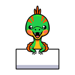 Cute little oviraptor dinosaur cartoon with blank sign