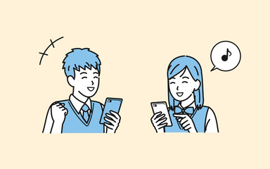 スマートフォンを使う学生　笑顔　喜ぶ　携帯電話　中高生　高校生　中学生　男女　イラスト素材