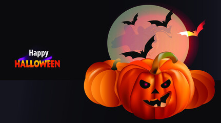 Halloween mystical background with pumpkins moon and bats
