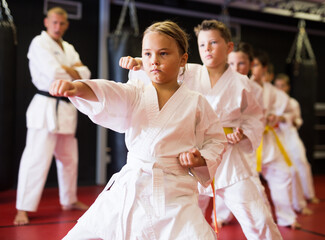 Portrait of girl kid training karate movements in sport class in school © JackF