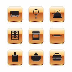 Set Toaster, Cutting board, Citrus fruit juicer, Jam jar, Gas stove, Kettle with handle, Cooking pot and Frying pan icon. Vector