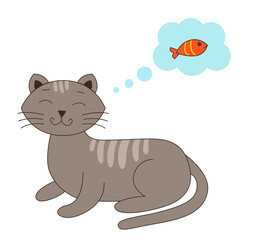 Cat fat cute brown with stripes of unusual colors in a cartoon style lies with closed eyes and dreams of a small tasty fish drawn in a speech bubble. Vector illustration isolated on white background