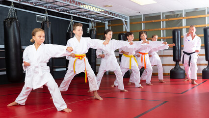 Group of girls and boys in kimono doing kata with their trainer in gym.