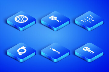 Set Car key with remote, wheel, Shock absorber, Automotive turbocharger, Engine piston and Gear shifter icon. Vector