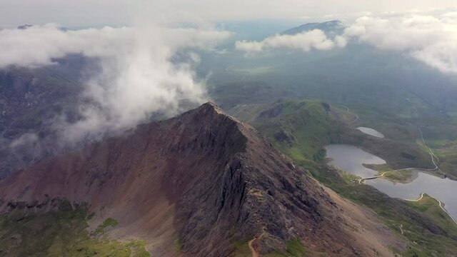 Aerial view of Mount Snowdon along the Crib Goch hiking route, Snowdonia, Gwynedd, North Wales, United Kingdom