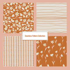 Set of Vector Seamless Pattern. Stripes, Dots, and little flowers. Pattern for fashion, print and wallpaper. 