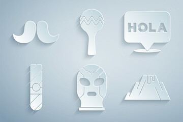 Set Mexican wrestler, Hola, Cigar, Volcano eruption with lava, Maracas and Mustache icon. Vector © vector_v