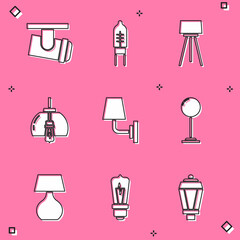Set Led track lights and lamps, Light emitting diode, Floor, Chandelier, Wall sconce, Table and bulb icon. Vector