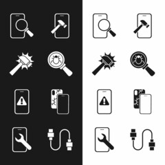 Set System bug, Hammer, Phone repair service, Mobile with broken screen, exclamation mark, USB cable cord and icon. Vector