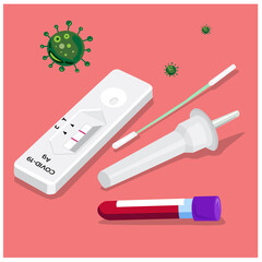 Vector illustration of COVID-19, Antigen test kit (ATK) with results on red background