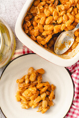 Baked beans organic homemade vegetarian and vegan dish traditional food on the table in ceramic bowl - Serbian Montenegrin bosnian macedonian croatian slovenian Bulgarian cuisine copy space top view