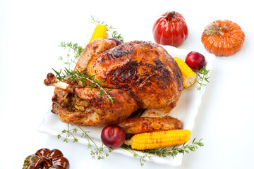 Traditional Fall Roasted Turkey on White With Pumpkin