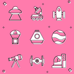 Set UFO flying spaceship, Mars rover, Rocket, Box on parachute, Space capsule, Planet, Telescope and Cosmic icon. Vector