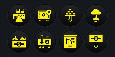 Set Burning dollar bill, Storm, Drop crude oil price, Pie chart infographic, Gold bars, Safe, Dollar rate decrease and Shutdown of factory icon. Vector